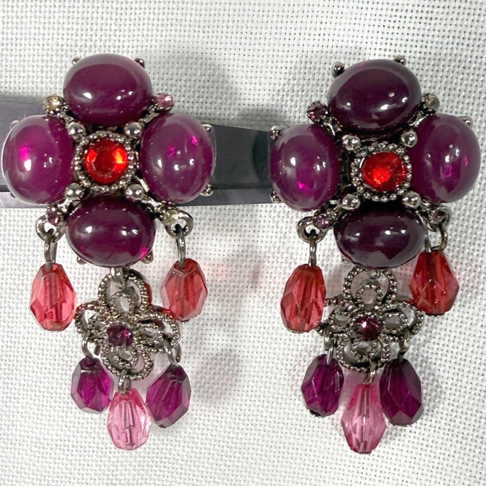 Chandelier Cluster Dangle Earrings Purple Red Pink Vintage Style Clip On